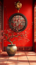 传统中国新年烟花和室内场景插画海报背景