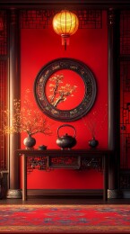 传统中国新年烟花和室内场景插画海报背景