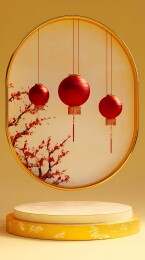 传统中国红黄色圆形讲台海报背景