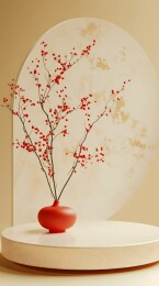 传统中国红黄色圆形讲台海报背景