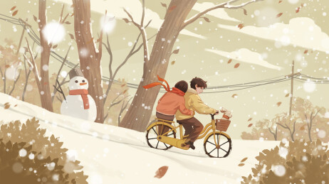 唯美冬日雪中的骑车情侣