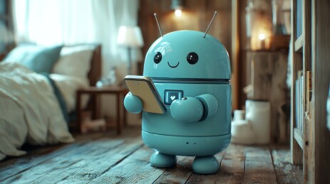 可爱的机器人玩手机