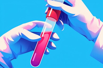 医疗戴手套的手拿有液体的试管平面扁平插画