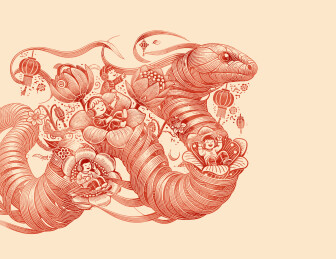 版画风格蛇年春节插画