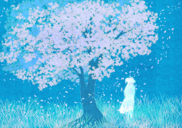 樱花树下站着一个白色女人插画