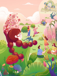 人物放风筝奔跑插画