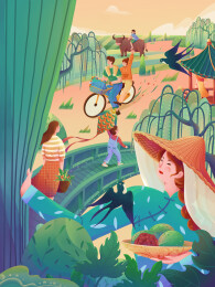 人物骑车节气插画