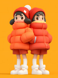 3D卡通两个女生穿着羽绒服站在一起