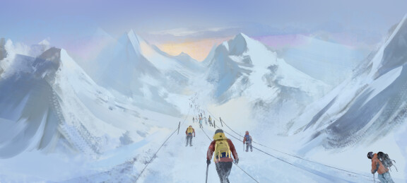 冬季冒险徒步旅行雪山风景插画