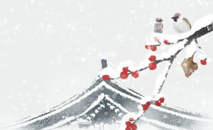 中国古风花鸟冬季雪景山水画