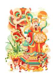 恭贺新春灶神蛇年过年舞狮国潮插画