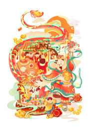 2025恭贺新春迎财神舞龙蛇年国潮插画