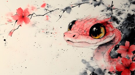 水墨风水彩生肖蛇年复古插画