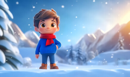 3D卡通冬天男孩在欣赏雪天风景