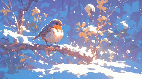雪枝上的红胸鸟插画