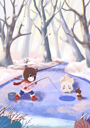 手绘冬日小熊钓鱼场景插画