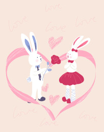 爱心围绕的情侣兔子插画 