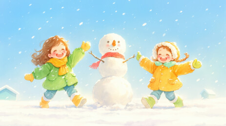 孩子们堆雪人玩耍的快乐时光