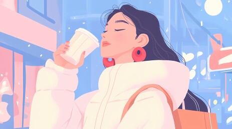 穿着白色羽绒服的女生正在喝着热饮