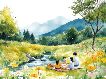 春天在小溪边野炊的家庭