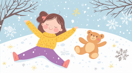 冬日女孩与泰迪熊的雪地嬉戏