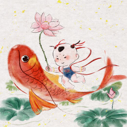 手绘可爱年画娃娃插画