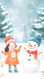 冬天雪花堆雪人卡通插画