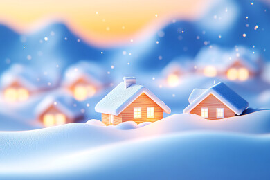 冬天雪景中的温暖小屋插画