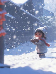 冬天户外小孩去堆雪人插画