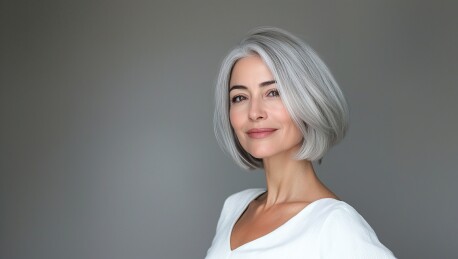 微笑迷人的中老年银白发女性