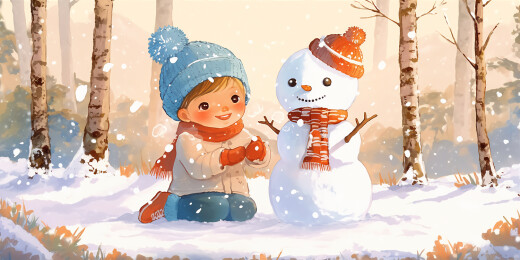 冬天节气人物堆雪人主题插画