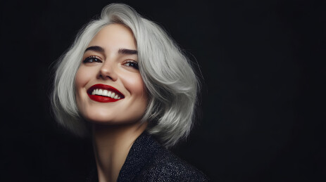 美丽微笑着的奶奶灰短发发型女模特