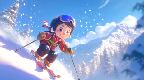 冬季雪地滑雪的小孩卡通插画