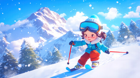 冬季雪地滑雪的小孩卡通插画