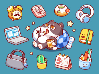 卡通小猫和办公用品矢量图