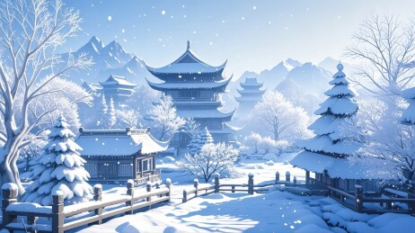 雪中的东方古建筑