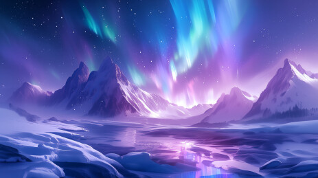 唯美梦幻山脉极光插画