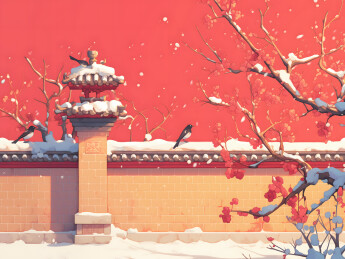 古风红墙雪景插画