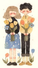 郁金香情侣插画壁纸