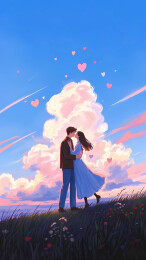 一对情侣手牵手亲吻情人节插画