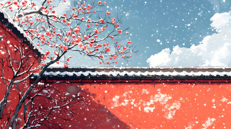 冬季雪梅雪景古典插画