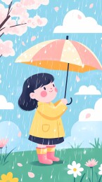 小女孩在雨中撑着粉色雨伞