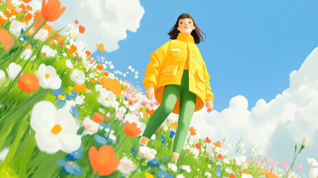 花海中的黄色雨衣女孩