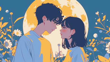 月下的男孩和女孩情侣情人节插画