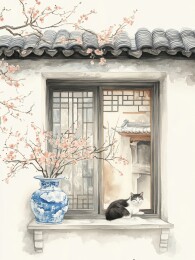 水墨写意猫咪窗边景