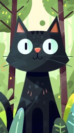 森林里可爱的黑色猫咪插画