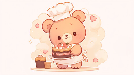 小熊厨师手里拿着蛋糕卡通插画