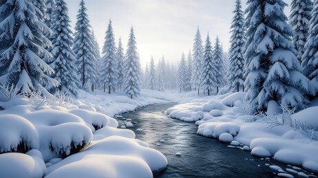 冬日雪景的宁静溪流