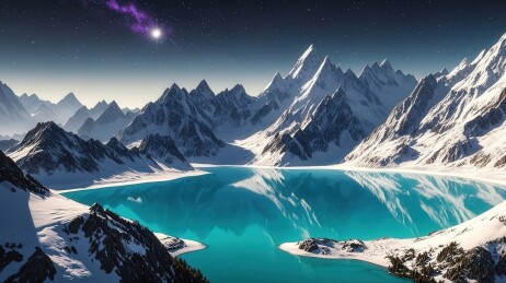 雪山环抱的碧蓝湖泊