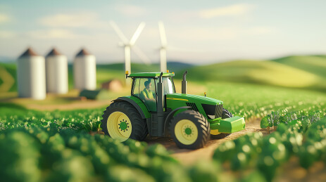 绿色拖拉机与风力发电机环保农业概念